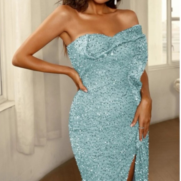 Luxe mint blue one shoulder slit thigh detail party formal maxi dress - Picture 7 of 9